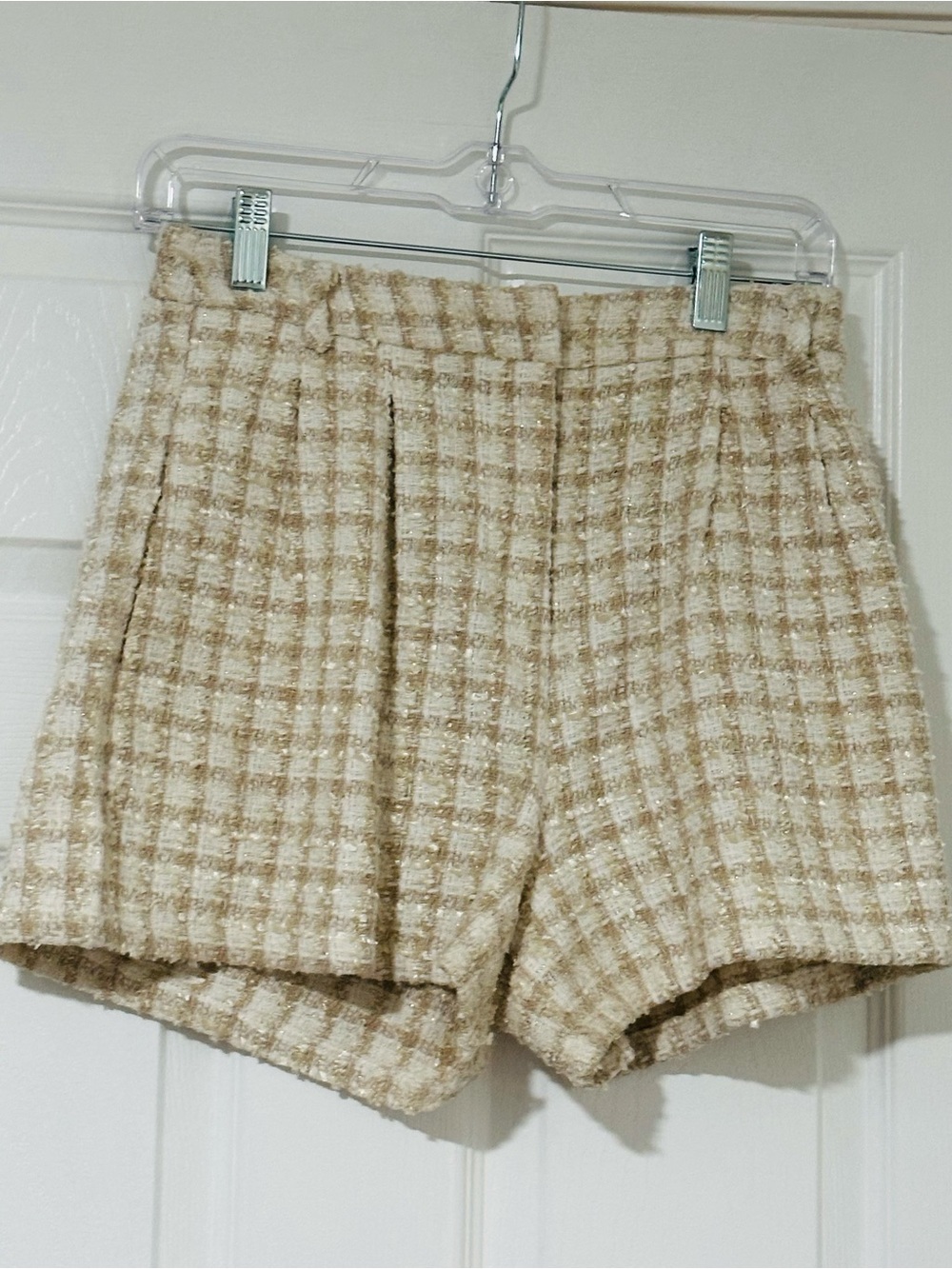 Aqua High-Waist Plaid Tweed Shorts - Cream